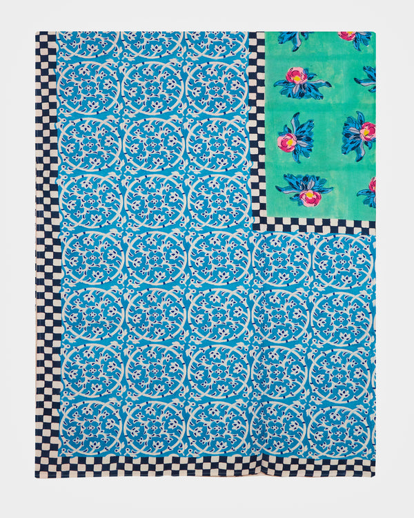 the blue flower and checkerboard tablecloth
